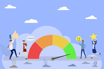 Business Team Achieving Positive Feedback and High Satisfaction Concept, Flat Illustration of People Celebrating with Like, Chat, Smile, and Star Symbols with Satisfaction Meter in Green Zone