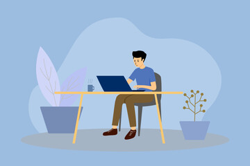 a man is working using a laptop. on the table using a laptop. flat vector concept. working from home.