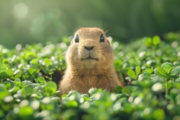 A curious rabbit peeks out from a lush green patch, surrounded by vibrant clovers, creating a charming and serene scene.