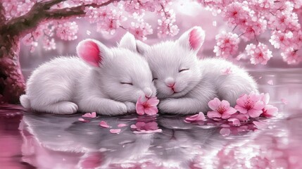 Two adorable baby rabbits nestled amongst cherry blossoms.