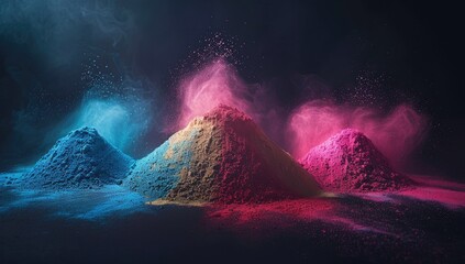 Holi Powdered Dye Piles Of Paint Neon Colors Burst on Dark Background for Holi Festival Festive Celebration