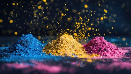 Holi Powdered Dye Piles Of Paint Neon Colors Burst on Dark Background for Holi Festival Festive Celebration
