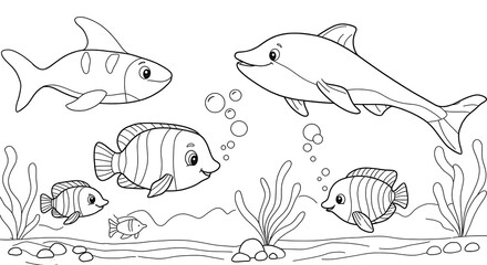 Fototapeta premium sea underwater animals for kids outlined colouring page cute with white background