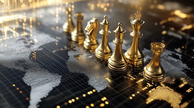 Dramatic 3D visualization of gold and silver chess pieces symbolizing global financial strategy and economic warfare displayed on illuminated digital world map with premium metallic details