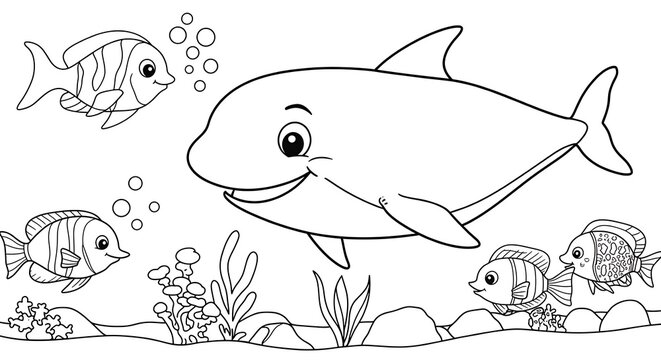 sea underwater animals for kids outlined colouring page cute with white background