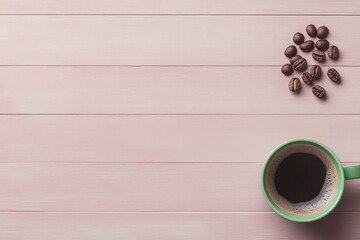 A top-down view of a green coffee cup next to scattered coffee beans on a light wooden surface, creating a cozy atmosphere.