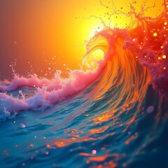Abstract flowing waves with vivid neon lime and electric tangerine gradient, sparkling edges, energetic and eye-catching glow, futuristic feel, high resolution