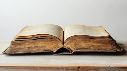 an open antique book lies peacefully on a light wooden surface showcasing its aged pages and weathered binding under soft illumination