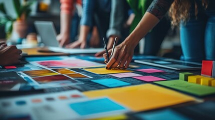 creative team collaboration brainstorming ideas with color swatches and stationery on a shared workspace table in a modern office setting