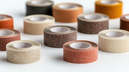 A collection of colorful washi tapes arranged on a light surface, showcasing various textures and hues.