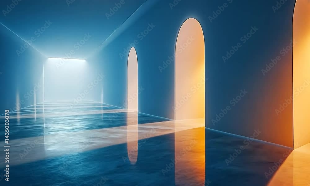 Poster ethereal hallway with illuminated arches reflecting light on glossy floor, creating a serene atmosph