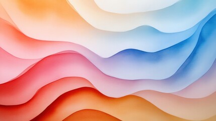A vibrant, abstract design featuring smooth, flowing waves of soft hues in peach, pink, blue, and cream, creating a serene, artistic composition.