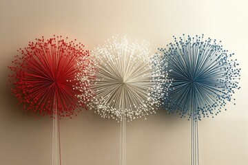 Three artistic dandelion-inspired structures in red, white, and blue — minimalist concept of patriotism, freedom, and renewal.