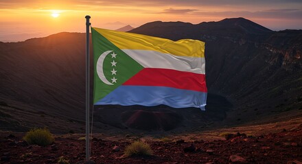 The Comoros flag waving proudly in the highlands as the sun sets behind mountains