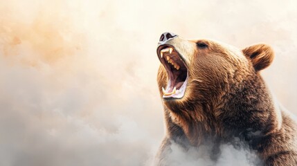 A roaring bear emerges from a misty background, showcasing its fierce expression and powerful presence.
