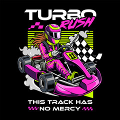 Kart sport racing, pink color with a woman driver and checkered flag cartoon illustration for poster, t-shirt print, business element, social media content, blog, sticker, vlog, and card