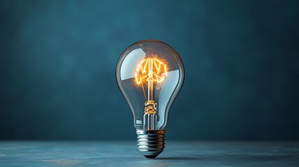 Lit bulb with brain-like filament. Bright idea concept. Teal backdrop, close up