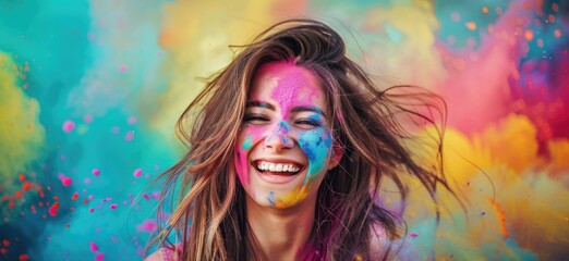 A photograph of a Indian young woman dancing joyfully at the Holi festival in India, her face and clothes covered in vivid colors