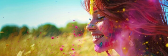 A photograph of a Indian young woman dancing joyfully at the Holi festival in India, her face and clothes covered in vivid colors