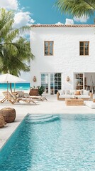 Luxurious white villa with pool, beach view, and tropical ambiance
