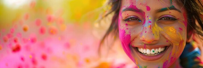 A photograph of a Indian young woman dancing joyfully at the Holi festival in India, her face and clothes covered in vivid colors