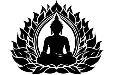 Silhouette of Buddha Sitting in Lotus Pose with Flame Temple Border Vector Spiritual Illustration on White Background