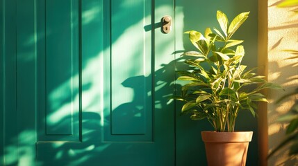 A vibrant teal door stands beside a lush potted plant, illuminated by warm sunlight, creating a welcoming and refreshing atmosphere.