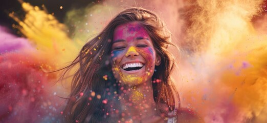 A photograph of a Indian young woman dancing joyfully at the Holi festival in India, her face and clothes covered in vivid colors