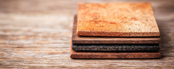 A close-up of stacked textured surfaces, showcasing wood and cork materials against a rustic wooden background.