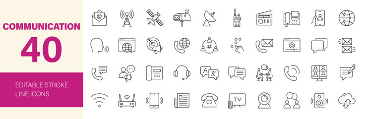 Communication icon set. Containing speak, phone, mail, contact, chat, website, satellite, radio, antenna, message, connection, news and more. Editable line icons. Vector illustration.