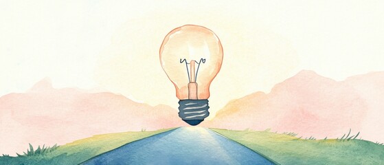 A whimsical watercolor illustration of a light bulb hovering over a road, with mountains in the background, symbolizing ideas and inspiration.