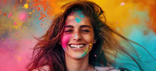 A photograph of a Indian young woman dancing joyfully at the Holi festival in India, her face and clothes covered in vivid colors