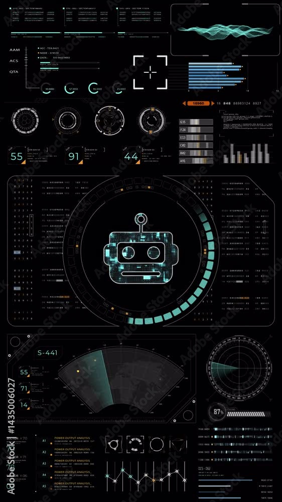 Poster motion graphic of blue digital robot head with hud ui and futuristic technology abstract background 