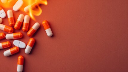 Colorful capsules scattered on a flat surface, with flames emerging from the top, creating a dramatic and dynamic visual effect.