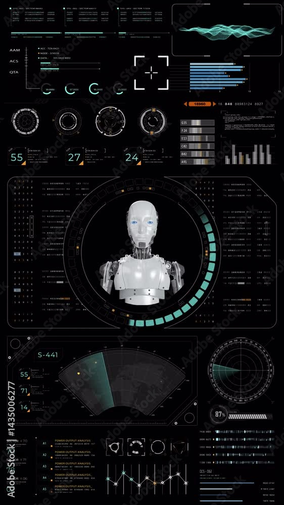 Poster motion graphic of blue digital robot head with hud ui and futuristic technology abstract background 