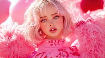 A vibrant portrait of a young woman with pink hair and makeup, surrounded by pink balloons, exuding a playful and whimsical atmosphere.