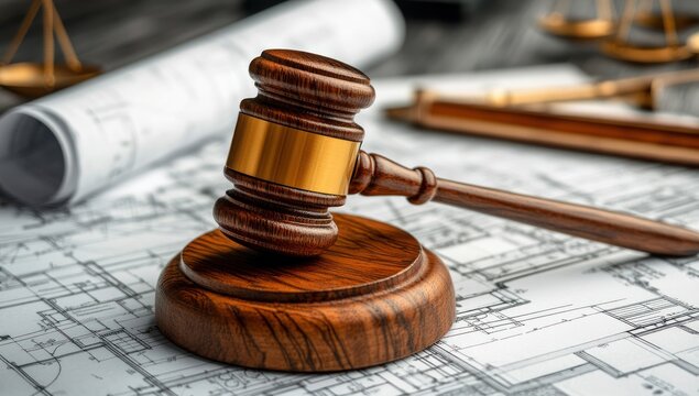 gavel poised on architectural blueprint displaying legal implications in construction projects and adherence to building codes and regulations