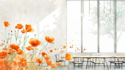 A bright, airy space with large windows and a watercolor depiction of orange flowers, creating a vibrant and inviting atmosphere.