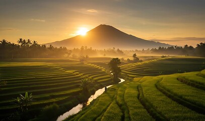 Morning sunlight over lush rice terraces with farmers working, misty mountain in background, tropical rural landscape.