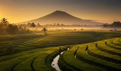 Morning sunlight over lush rice terraces with farmers working, misty mountain in background, tropical rural landscape.