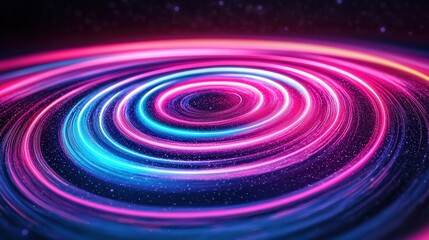 A vibrant, swirling pattern of pink and blue light creates a mesmerizing cosmic effect, resembling a galaxy or energy vortex against a dark backdrop.