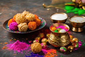 Table Set with Holi Sweets, Surrounded by Gulal Powders, Colorful Flowers, and Festive Decorations