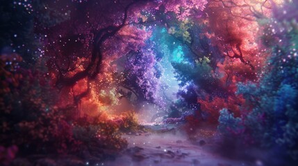 A vibrant, mystical forest scene with colorful foliage and ethereal light creating a magical atmosphere.