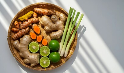 Top view of fresh turmeric, ginger, lemongrass, and lime on bamboo tray with sunlight and shadow, highlighting traditional Asian herbs and natural ingredients.
