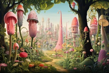 A whimsical landscape featuring oversized mushrooms, vibrant flowers, and fantastical homes, creating an enchanting and colorful fairy-tale setting.