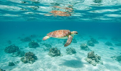 Underwater view of vibrant coral reef ecosystem with clownfish swimming among anemones, colorful tropical fish, and clear blue ocean in a thriving marine habitat.