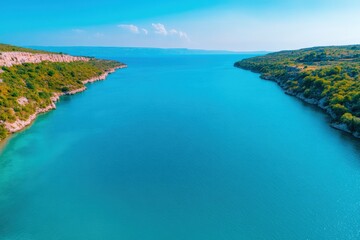 A serene landscape featuring a turquoise river bordered by lush greenery under a clear blue sky.