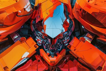 A striking, futuristic robot head with vibrant orange and reflective metallic details, showcasing advanced design and technology.