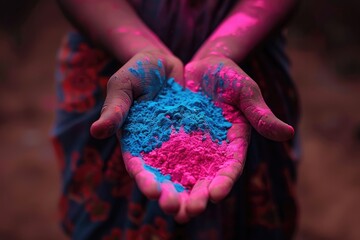 Joyful holi festival close-up of colorful hands holding pink and yellow powders, capturing the vibrancy, tradition, and cultural importance of indias iconic celebration of happiness and unity