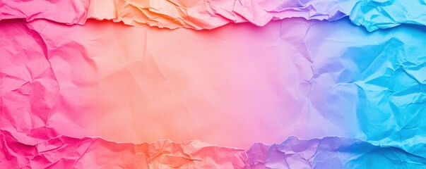 A vibrant, crumpled paper background featuring a gradient of pink and blue hues, creating a textured and visually appealing design.